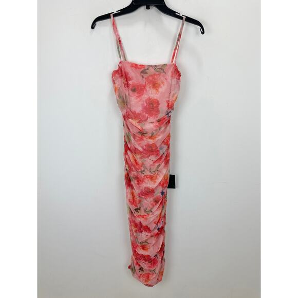 Lulus Blossoming Excellence Pink Floral Mesh Ruched Midi Dress Party XS NWT - Picture 5 of 11